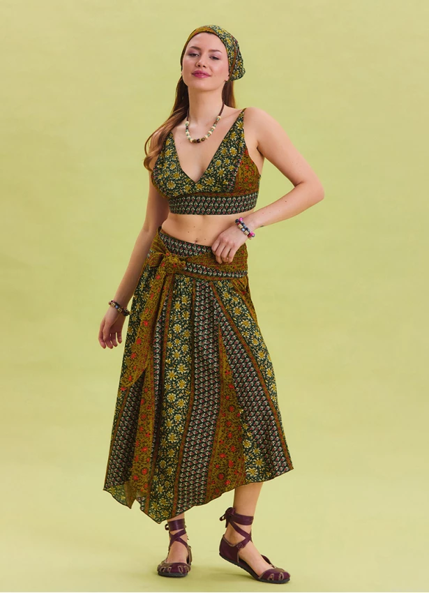 Green Patterned Asymmetrical Skirt with Gipe Detail and Tied Waist 4503